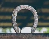 Zardzewiałe hacele w podkowie, symbol szczęścia i dawnych czasów, stoją na metalowej belce.